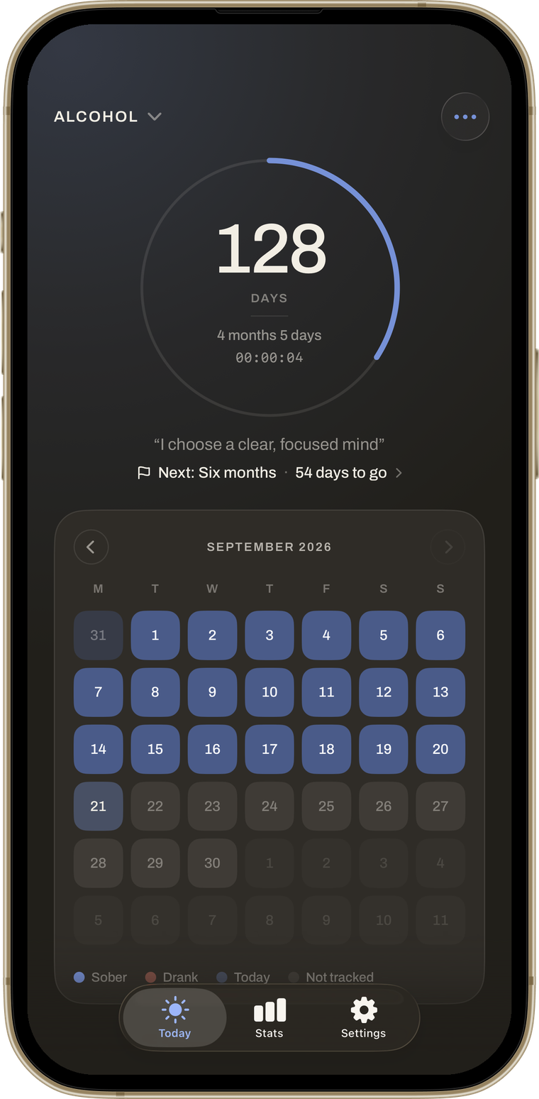 The Quitwell counter: 128 days, a blue ring, the reason you started and the calendar underneath