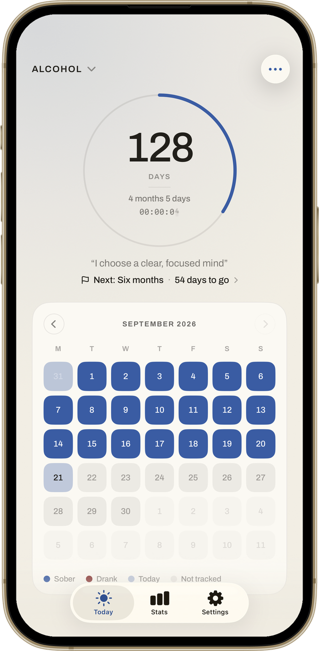 Today screen with the counter ring, the next milestone and the calendar